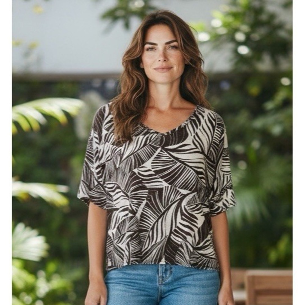 Chico's Women's‎ 3-XL Loose Crop 100% Linen Tee Brown Leaf EUC